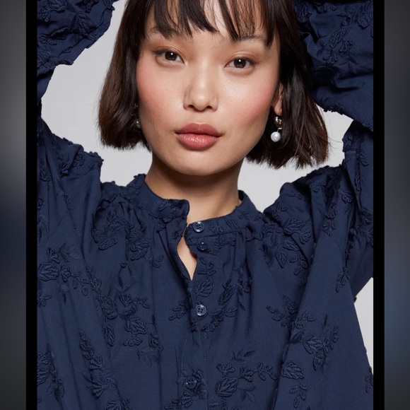 & other stories Voluminous Floral-Appliqué Navy Blue Embroidered Blouse XL - Picture 2 of 6